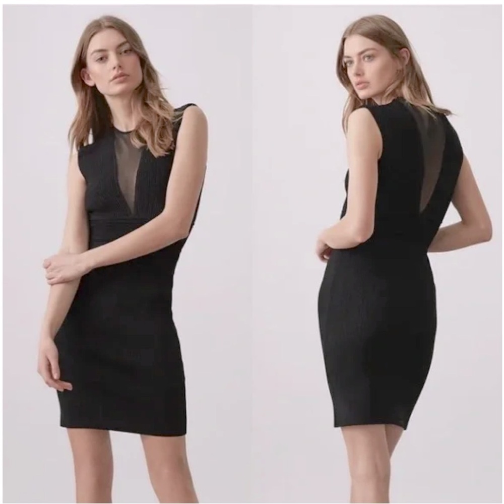 REISS Holly Dress Black Bodycon Plunge Sheer Neck Stretchy Mini Dress Size 6